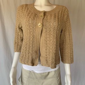 Heavy macrame knit button top cardi sweater maybe crocheted?